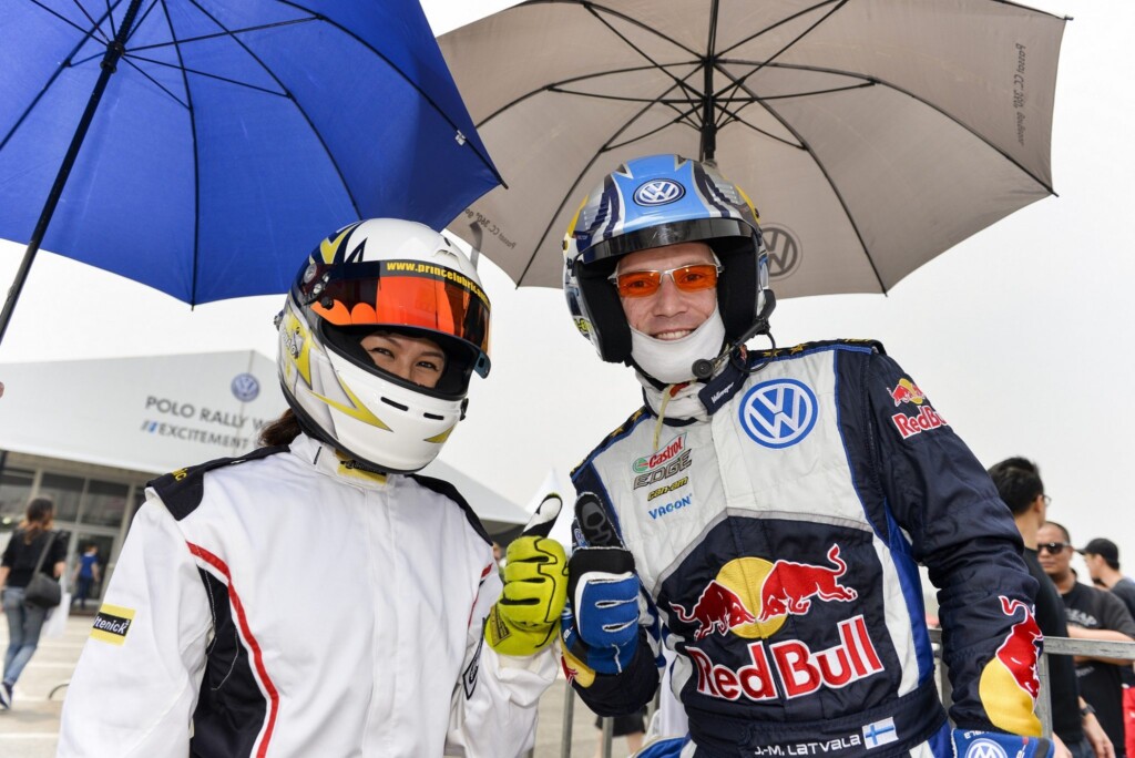 Leona Chin and Jari-Matti Latvala before their gymkhana challenge