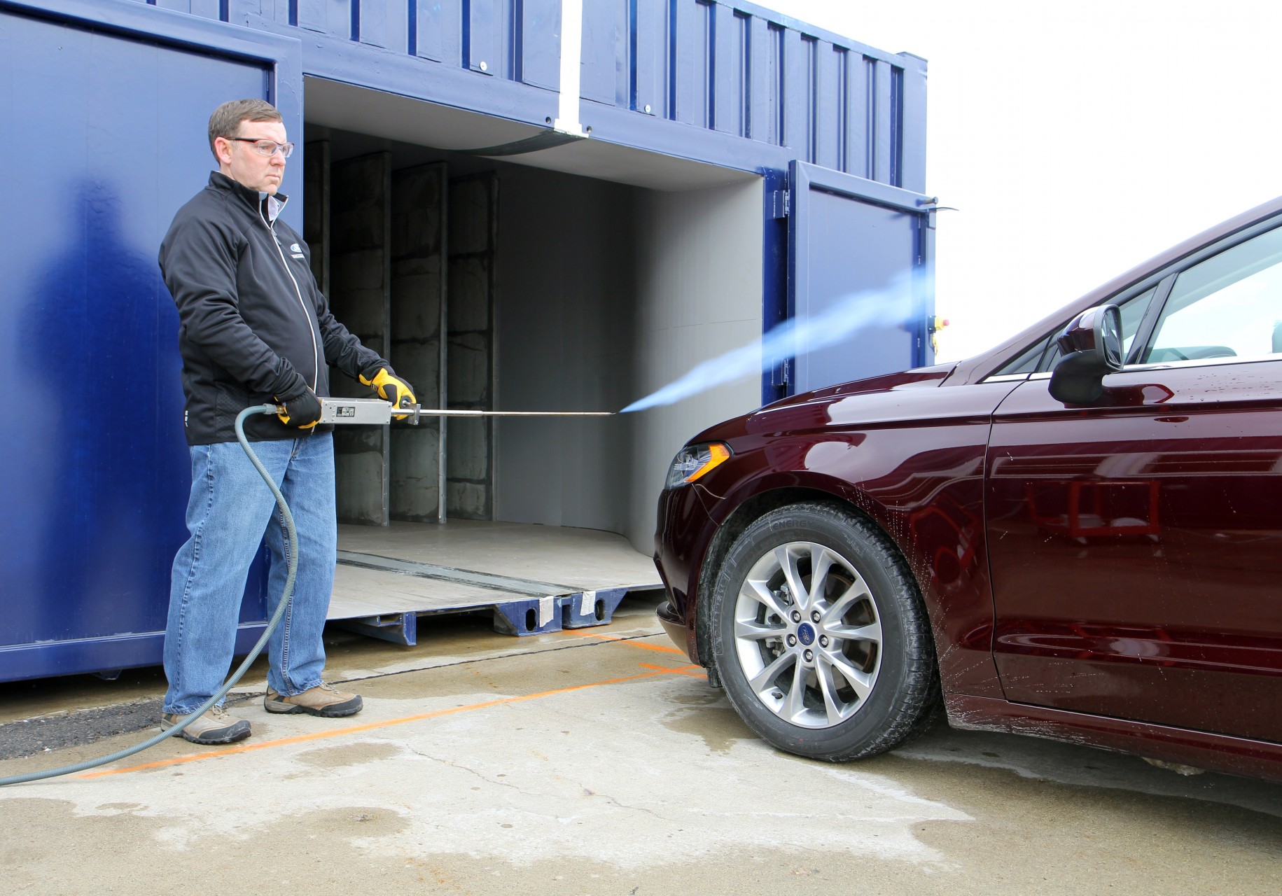 Ford engineers tests wind noise at its portable aeroacostic wind tunnel facility