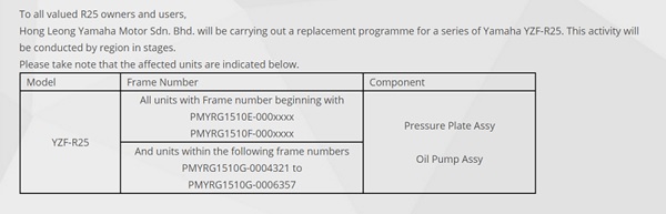 Yamaha R25 Recall